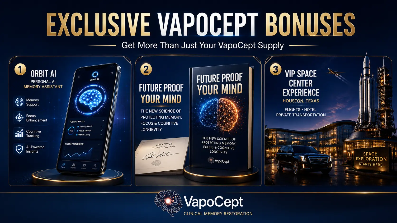 VapoCept bonus package: Orbit AI, Future Proof Your Mind and Houston experience